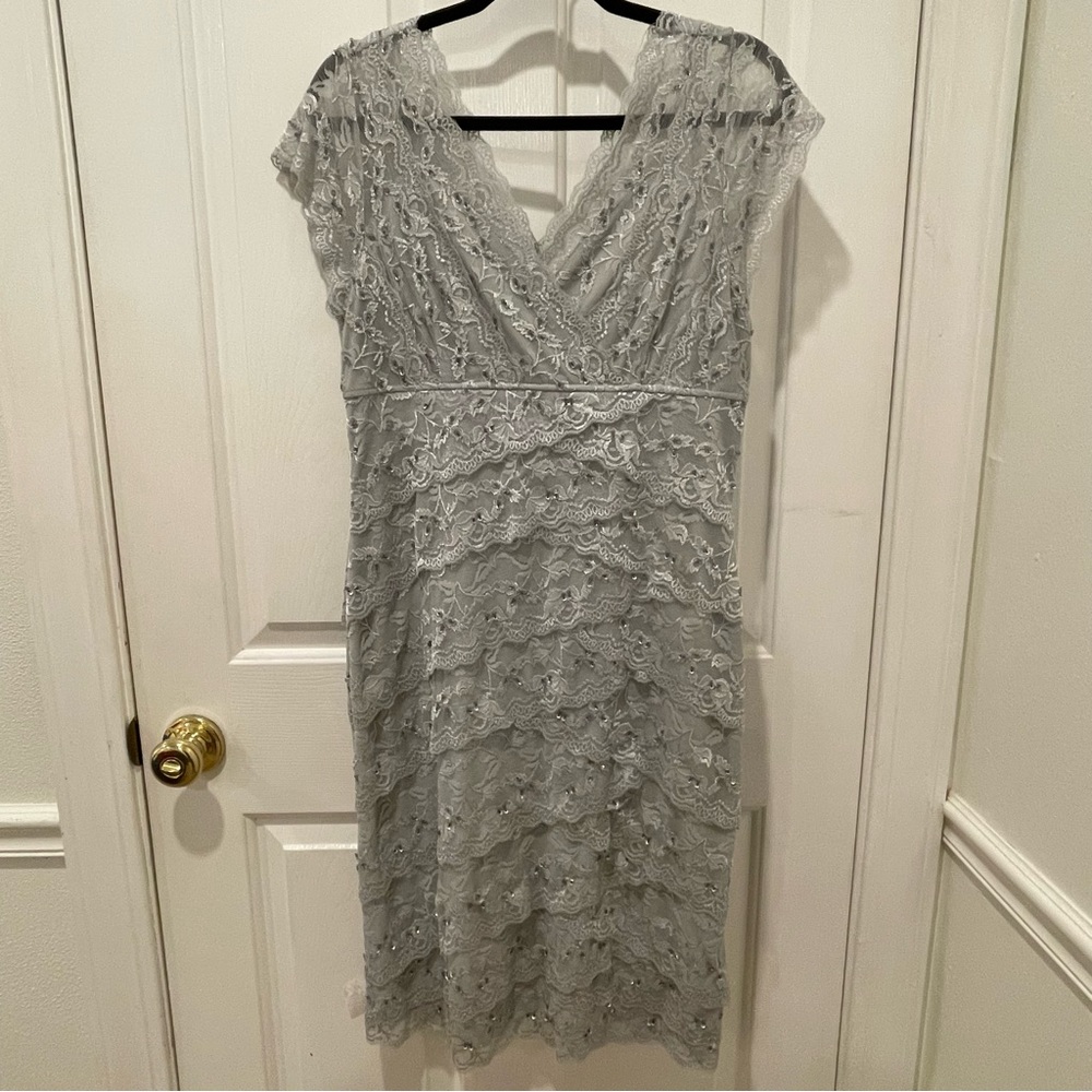 Ladies Silver Grey Layered Lace & Crystal Beaded Evening Dress, New, Size 14